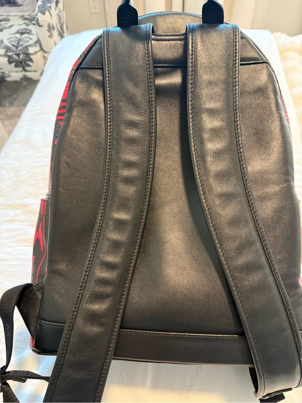 MCM Red & Black Baroque Pattern Leather Backpack Medium